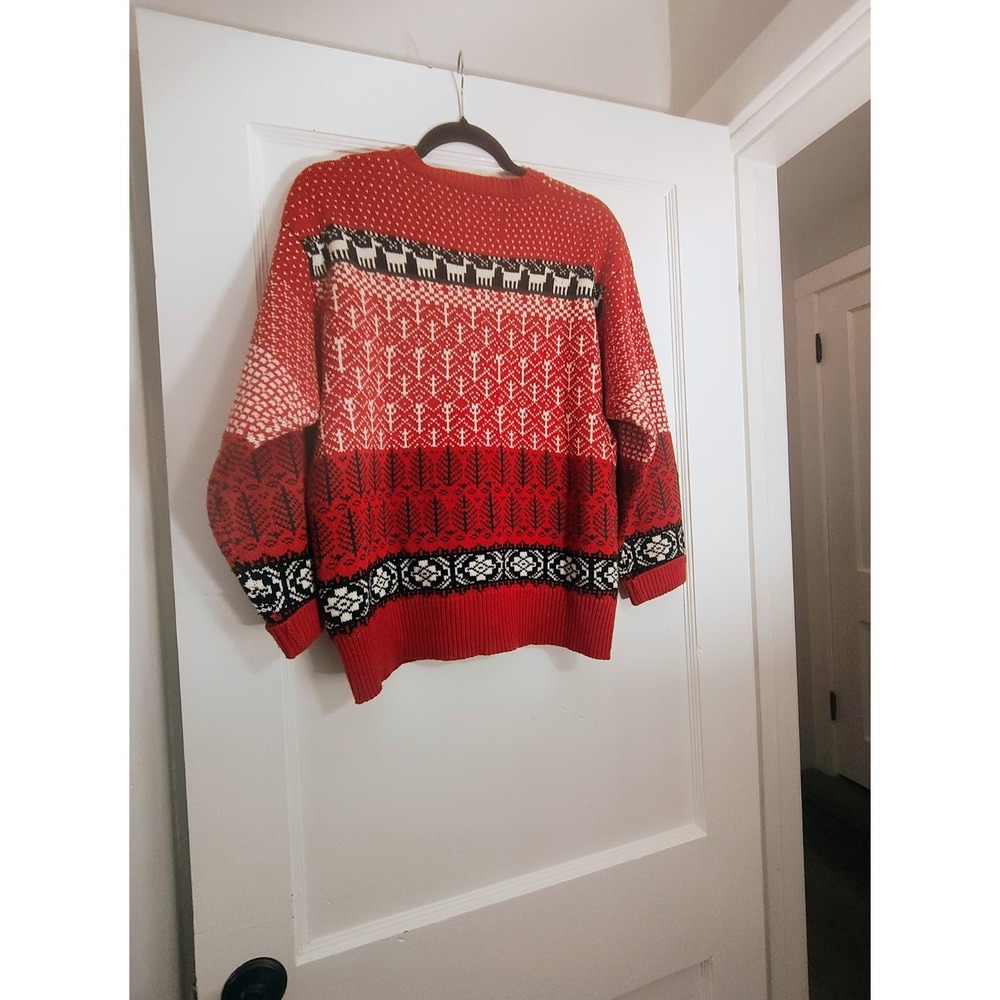 Vintage 1991 Susan Bristol Christmas Sweater L Reindeer Fair Isle Red Nordic - Picture 5 of 6
